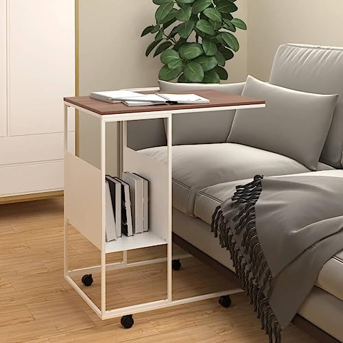 mtlskopl Rollbarer Beistelltisch Weiß 55x36x63,5 cm C-Design mit Holzplatte und Eisenrahmen Modernes Side Table für Wohnzimmer Schlafzimmer Sofa Bett