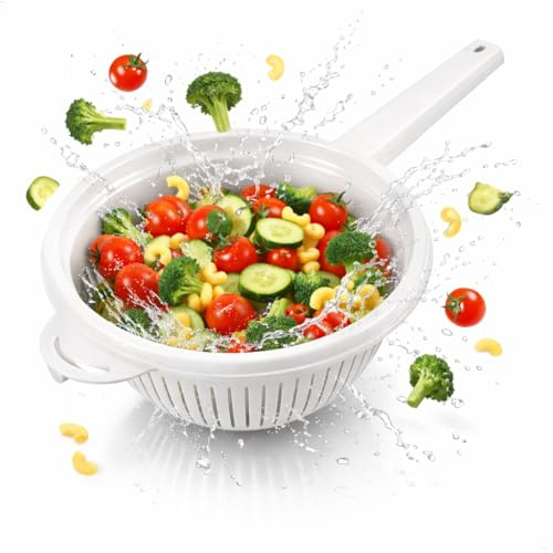 Stielsieb Kunststoff Stielseiher Nudelsieb mit Griff Küchensieb Abtropfsieb Sieb Plastik Handsieb Seiher Blanchiersieb Küchenhelfer Abseiher Salatsieb Passiersieb Spitzsieb stapelbar 40 cm weiss