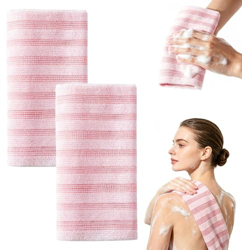 Lot de 2 serviettes de douche exfoliantes en fibres de bambou et charbon actif, serviette exfoliante japonaise, exfoliation douce, séchage rapide, usage quotidien pour le dos (rose)