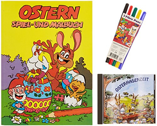 Ostern Geschenkset : CD Osterhasenzeit / Ostern Spiel- und Malbuch & 5 Filzstifte im Koffer
