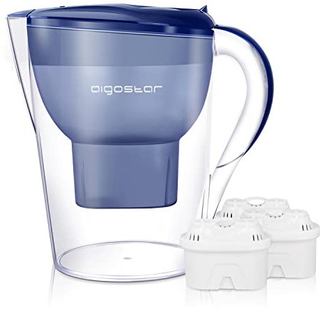 Aigostar Pure 30LDV - Carafe filtrante sans BPA, 3.5L, écran LCD avec compte à rebours. 3 cartouches filtrantes de 60 jours chacune incluses. Bleu, design exclusif.