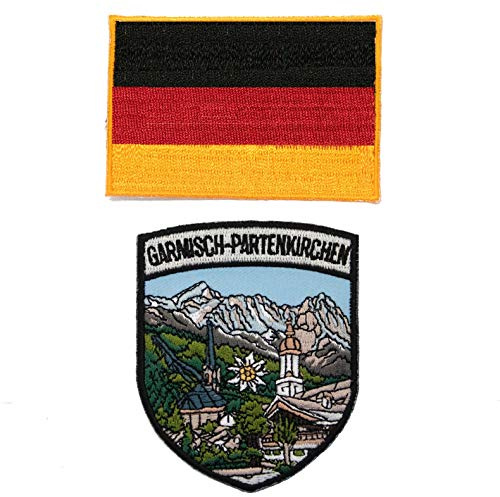 A-ONE Garmisch-Partenkirchen Aufnäher + Deutschland-Flagge, zum Aufbügeln und Nähen von Pulten, Mänteln, Jeans, 2 Stück No.113C