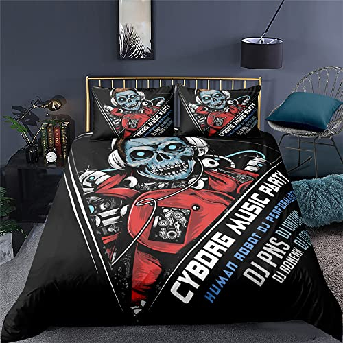 Skeleton Skull Music Bettwäsche Set Schwarz Grau Bettbezug mit Reißverschluss Herren 2/3 Stück Mikrofaser Bettwäsche DJ Skull Gothic Style Bettbezug und Kissenbezug (Schwarz 1,220 x 240 cm)