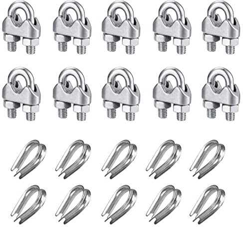 Drahtseilklemme, Bügelseilklemme, YOCZOX 6 mm Edelstahl Seilklemme, Drehseilclips, Stahlseilklemmen, Drahtseilkauschen, U Bolzen Klemme für Drahtseil, Stahlkabel (10 Seilklemme + 10 Kauschen)