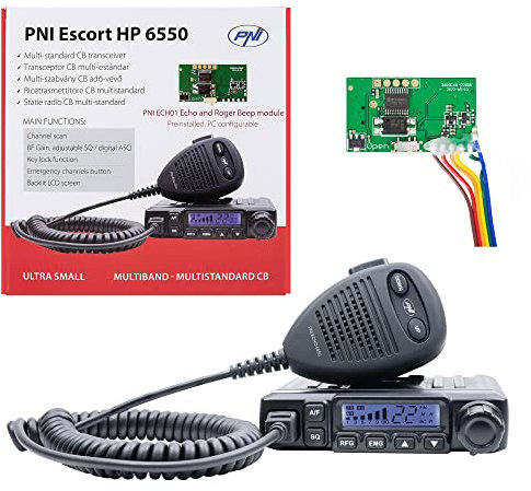 Stazione radio CB PNI Escort HP 6550 con PNI ECH01 installato, multistandard, 4W, AM-FM, 12V, ASQ, con modalità eco