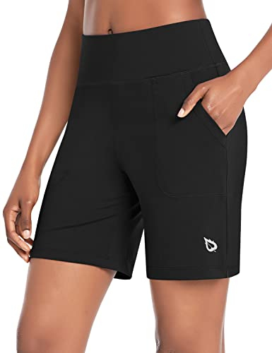 baleaf Damen 7 Bermuda Shorts Sommer Kurze Hose Hohe Taile Sporthose kurz mit Taschen Laufshorts Runningshorts Schwarz M