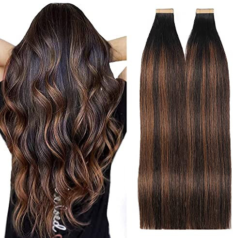 HotLulana Tape Extensions Echthaar Balayage Natürliches Schwarz bis Chestnut Braun Extensions Echthaar 18zoll/45cm 40Pcs 80g Invisible 100% Natürliche Skin Weft Tape in Extensions Echthaar #1B/1B/6.