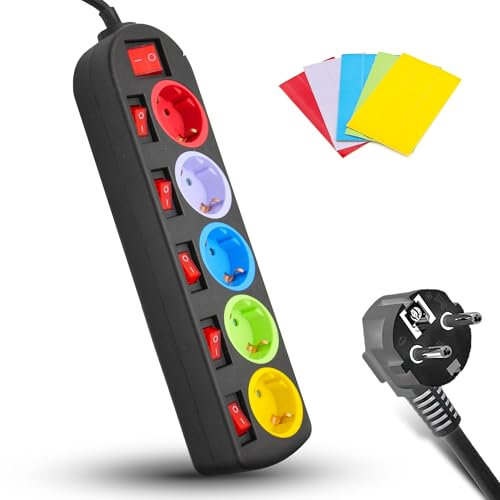 FISHTEC Multiprise Schuko - 5 Prises Couleur - 1 Interrupteur général Lumineux - 5 Interrupteurs individuels et Lumineux - Stickers de repérage Couleur - Câble150 CM