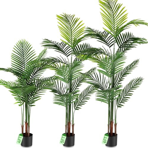 Jexine 3 Pcs Artificial Areca Palm Plant 6ft, 5ft, 4ft Fake Tropical Palm Tree Faux Areca Palm Plant Artificial Golden Cane Palm Tree Greenery Plant in Pot for Home Office Decoration Housewarming Gift