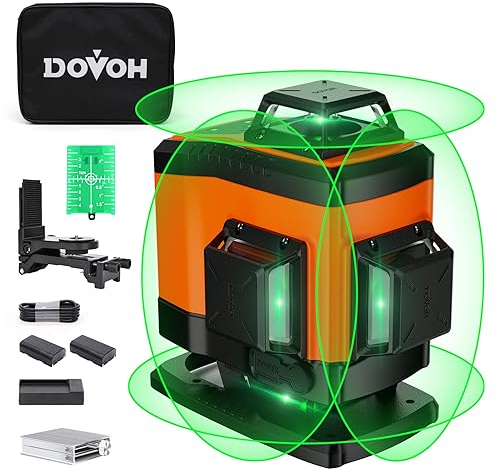 DOVOH Kreuzlinienlaser grün 4×360, Laser Wasserwaage mit Typ-C-Ladeanschluss, laser nivelliergerät selbstnivellierend, Geeignet für Baustellen in Innenräumen, 2 Li-Ionen-Batterien, Class Ⅱ,K4-360G