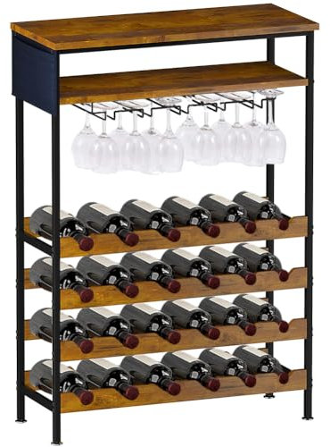 Shally Dogan Portabottiglie da Terra per Vino con 24 Scomparti Porta Bottiglie, 10 Portacalici e 1 Ripiano, Cantinetta Industrial per Angolo Bar con Struttura in Acciaio e Ripiani in Legno 66x30x100cm