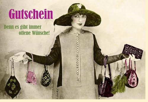 Elegante Gutschein-Karte für Geburtstage und Feiertage. Mit stilvollem Retro-Design und dem Aufdruck Gutschein - Denn es gibt immer offene Wünsche - mit Umschlag