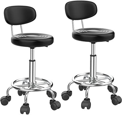 PIPIPOXER 2 Stück Friseurhocker mit Rückenlehne, Rollhocker, 360° drehbar, höhenverstellbar 47-61,5 cm, ergonomischer Bürohocker, geeignet für Massagesalons (schwarz)