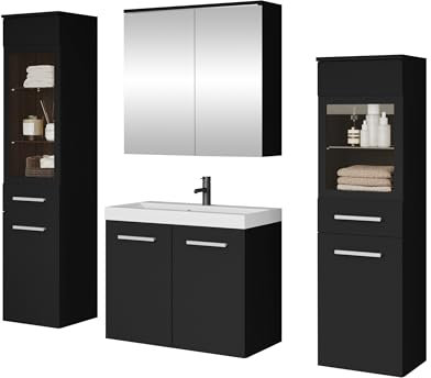 Mirjan24 Badmöbel Set Madrit II mit Waschbecken und Siphon, Komplettprogramme für Spiegelschrank, Waschtisch, Hochschrank (Schwarzer Graphit, ohne Beleuchtung)