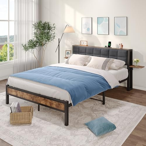 JUISSANO Polsterbett 140x200 mit Lattenrost,Bettgestell aus Metall und Holz,Modern Metallbett Bettrahmen/Bett 140x200 mit Stauraum Kopfteil und 2 Flügel-Seitentischen,Doppelbett Schwarz+ Leinen Grau