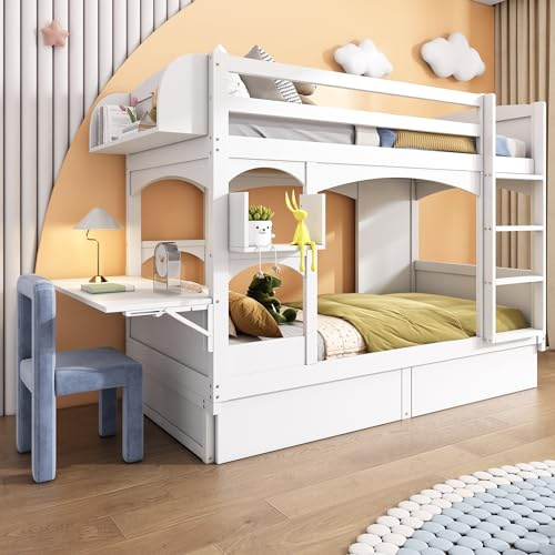 Etagenbett 2 Kinder 90x200 cm mit Klappbarem Schreibtisch und Regal, Kinderbett Hochbett mit 2 Schubladen und Leiter, Multifunktionales Kinder Bett mit Leiter, Rausfallschutz und Lattenrost, Weiß