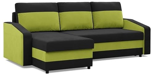 Mebligo - Ecksofa mit Schlaffunktion und Bettkasten Orion, Eckcouch Universelle Seite, Sofa L Form (BxTxH) 231 x 140 x 85 cm, Couch Wohnzimmer, Ecke Sofa, Schwarz + Grün (Mikro 15 + Mikro 61)