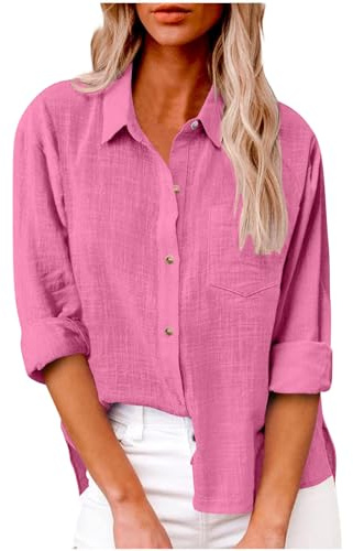 LRMQS Button Down Camicie per le Donne Garza Cotone Manica Lunga Camicia Colletto Plus Size Camicette 2025 Estate Lino Top Abbigliamento, Rosa #13, XL