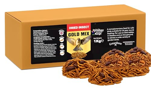 Grumpy Gardener Dried Insects & Mealworms - Wild Bird Food, 1kg | Gold Mix Robin & Small Bird Food with Calciworms, Pupae and River Shrimp - High-Calcium Feed