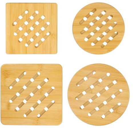 4 Pieces Heat Resistant Hot Pads Trivet Set, Natural Bamboo Trivet, Non Slip Square and Round Kitchen Pot Holders, Natural Wood Coasters for Hot Dishes/Pot/Bowl/Teapot/Hot Pot Holders