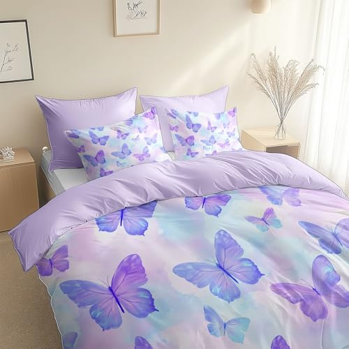 Cot-bed Duvet Cover Set Light Lilac Reversible Cosy Bedding Sets, Dream Purple Butterflies Soft Breathable Quilt Covers Hypoallergenic with Pillowcases for Kids Women man