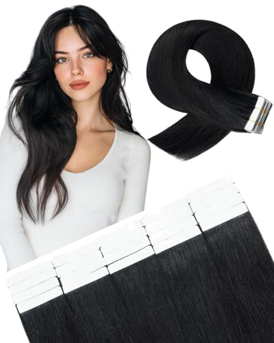 SLEEKALON Invisible Tape in Hair Extensions Real Human Hair 10 Pcs Thinned Version #1 Jet Black - Seamless Skin Weft Remy HairPiece Extension 10 Inch 15 Gram