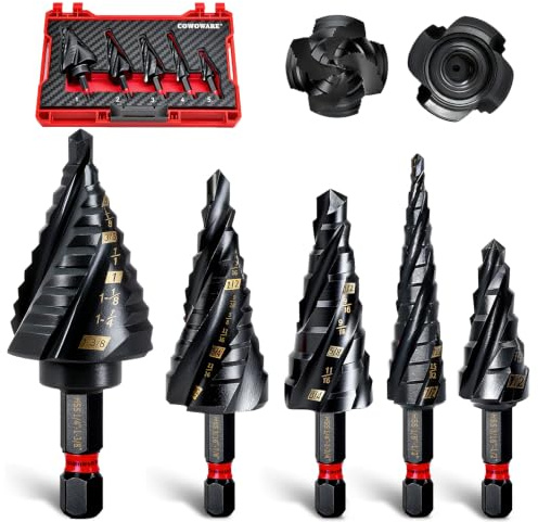 COMOWARE Step Drill Bit Set, 1/8~1-3/8 5Pcs Four Spiral Flute Step Drill Bits for Metal, AITIN Coated Step Bit with 1/4 Hex Shank for Metal, Stalinless Steel, Aluminum, Wood, Plastic