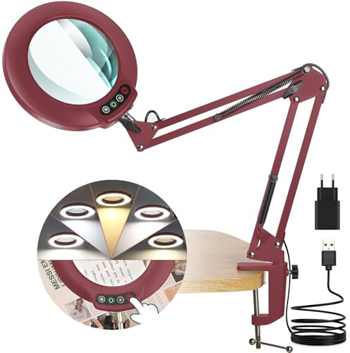 Veemagni 12X Echtes Glas Lupe mit Licht, 5 Farbmodi Stufenlos Dimmbar, Verstellbarer Schwenkarm LED Beleuchtete Lupenleuchte mit Klemme, Hände frei Lupe mit Licht und Ständer für Malerei Hobby- Rot
