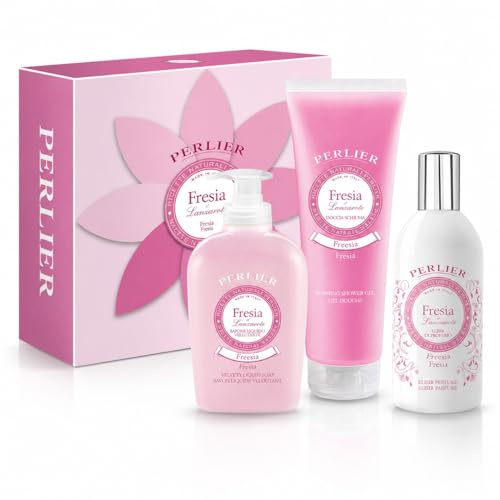 Perlier - Geschenkbox Natürliche Rezepte Lanzarote Freesie, Schaumdusche 250 ml + Flüssigseife 300 ml & Duft-Elixir 100 ml, blumige Noten, sanfte Reinigung, ideal als Geschenk