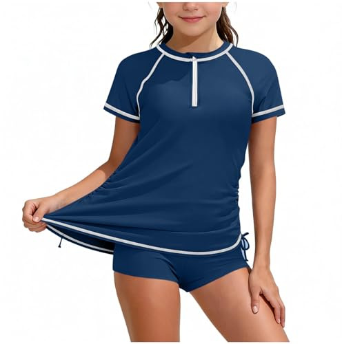 Big Girls Swimming Costume Two Pieces UPF 50+ Swimsuit, Kids Teens Bathing Suit Short Sleeve Rash Guard Swim Tops Beach with Boyshorts Summer Swimwear Navy 11-12 Years