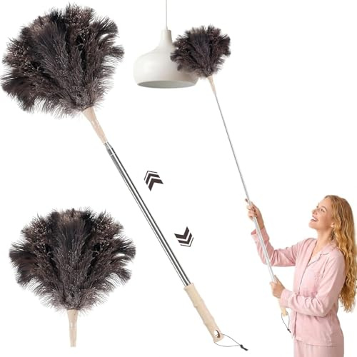 DULCE DOM Straußenfeder Staubwedel mit Teleskopstiel 125cm, Waschbar für Decken Lampen Möbel, Kratzfreie Staubbürste für Elektronik Antiquitäten Bilderrahmen, Waschbar Geruchsfrei Tierwohl-Geprüft