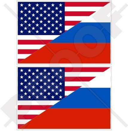 USA Vereinigte Staaten von Amerika und RUSSLAND, Amerikanisch und Russische Föderation Flagge, Fahne 100mm Auto & Motorrad Aufkleber, x2 Vinyl Stickers