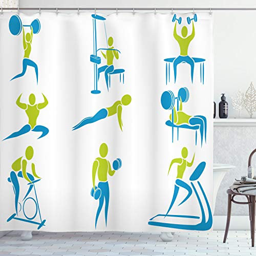 ABAKUHAUS Fitness Duschvorhang, Gym Aktivität Ausrüstung, Stoffliches Gewebe Badezimmerdekorationsset mit Haken, 175 x 200 cm, Apfelgrün Sky Blue