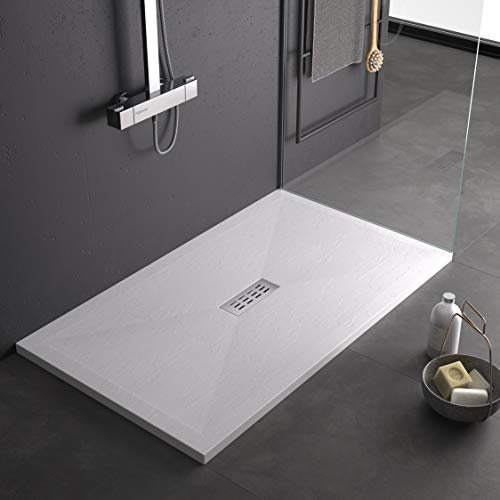 Piatto doccia bianco 140x80 in marmo e resina, effetto pietra, slim 3cm con massa piena e Gelcoat, 80x140