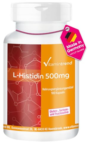 Vitamintrend L-Histidin 1000mg Tagesbedarf, 180 Kapseln, hochdosiert, Nahrungsergänzungsmittel vegan ohne Magnesiumstearat, in Deutschland hergestellt