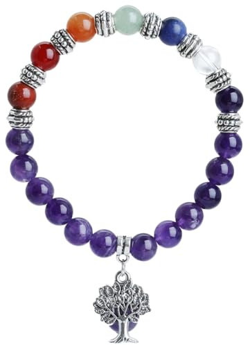 KYEYGWO Arbre de Vie Élastique Bracelet en Pierre Cristal, 7 Chakra Rondes Perles d'Energie Yoga Protection Bracelet pour Femme et Homme 7, Améthyste