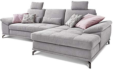 Cavadore Schlafsofa Castiel mit Federkern / Großes Sofa in L-Form mit Bettfunktion, Sitztiefenverstellung, Kopfstützen und XL-Longchair / 312 x 114 x 173 / Webstoff, Hellgrau