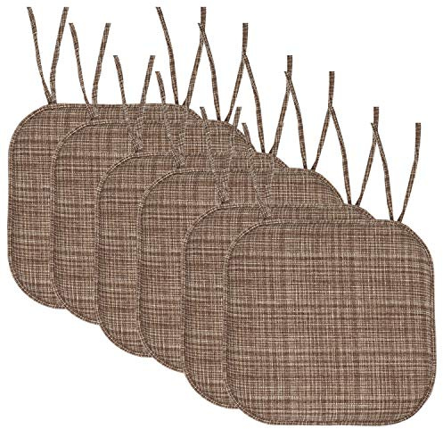 Sweet Home Collection Chair Cushion Memory Foam Pads with Ties Honeycomb Pattern Slip Non Skid Rubber Back Rounded Square 16 x 16 Seat Cover, 6 Pack Aria Dark Brown