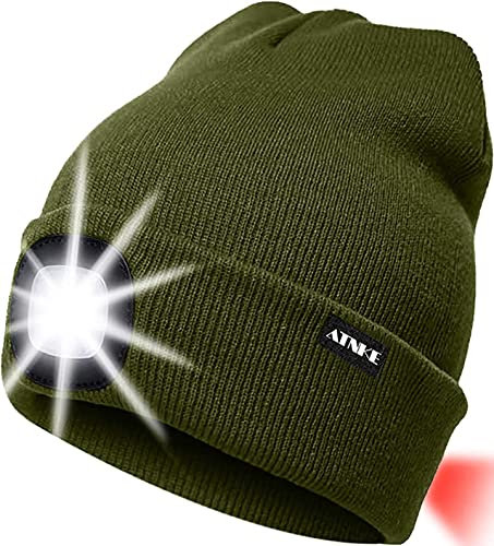 ATNKE 8LED beleuchtete Strickmütze, wiederaufladbare USB-Scheinwerferkappe mit extrem Heller, wasserdichter Lampe und Blinkender Alarm Rotes Rücklicht Multi-Color/Army Green