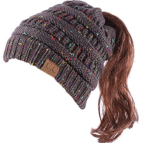 DURINM Damen Strickmütze Gestrickt Wintermütze Beanie Mädchen Zopfloch | Strickmütze für Pferdeschwanz Ponytail Beanie Damen Mütze Messy (Grau)