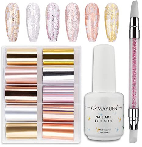 GZMAYUEN Nail Foil Gel mit Nagelfolie Transfer Aufkleber Rose Gold Nagelfolien Starterset 15ML Folienkleber Nägel Transferfolien Kleber Holographische Laser Metallic Transferfolie Sticker