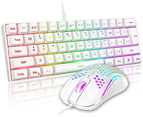 RedThunder 60% Gaming Keyboard and Mouse Combo, Ultra-Compact 61 Keys RGB Backlit Mini Keyboard, Lightweight 7200 DPI Honeycomb Optical, Wired Gaming Set for PC MAC PS5 Xbox Gamer(White)