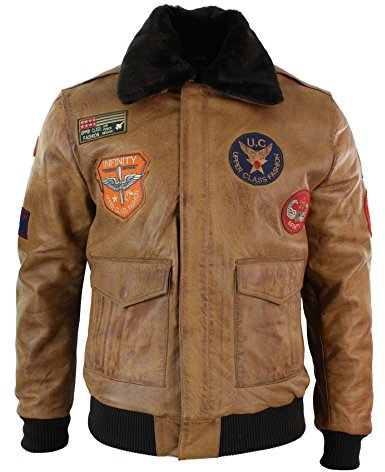 TruClothing Mens Genuine Leather Air Force Pilot Bomber Jacket Tan Brown Badge Vintage Retro