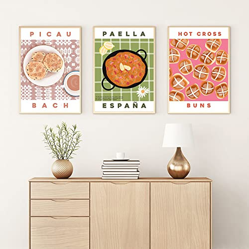 Spanische Tapas Paella Retro Essen Drucken 3 Stück Leinwand Malerei Küche Dekor Kunst Poster Walisische Kuchen Brötchen Vintage Farbe Wand Bilder 30Cmx40Cmx43Pcs Kein Rahmen