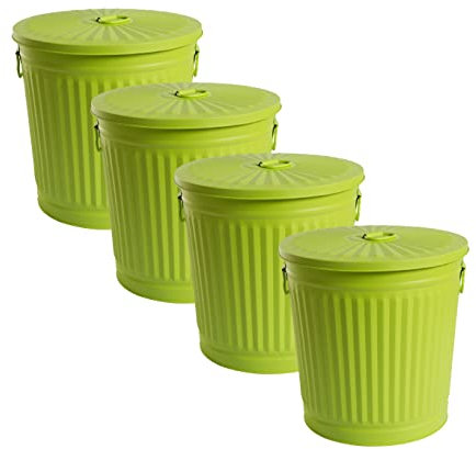 Jinfa 4 juegos de cubo de basura de diseño retro con tapa | Verde | Ø 21,5 cm, altura 21,5 cm, 7 litros