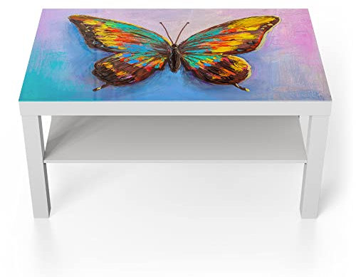 DEQORI Glastisch | weiß groß 90x50 cm | Motiv Bunter Schmetterling | ausgefallener Beistelltisch aus Glas | Hochglanz Couchtisch fürs Wohnzimmer | moderner Couch Tisch mit Design
