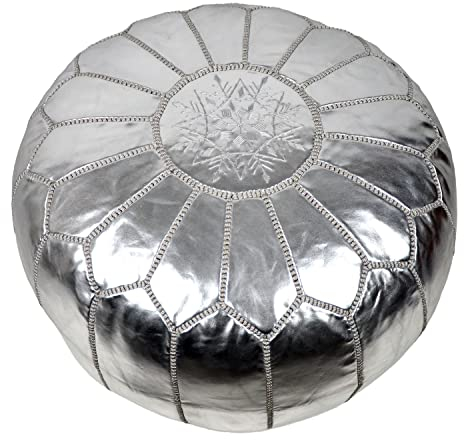 Orientalischer Pouf, Sitzpouf 54 x 34 cm, Silber, gefüllt geliefert, Leder Pouf, Ottoman Sitzhocker, Sitzpuff, Puff, Fußbank, Fußhocker, Bodenkissen, Sitzkissen, Kissen, Hocker 100% Handarbeit