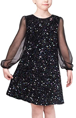 Girls Dress Black Sequin Sheer Mesh Long Sleeve Party Elegant Ball Gown Age 7 Years