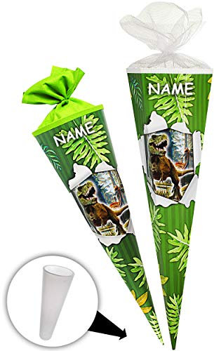 alles-meine.de GmbH Schultüte - Dinosaurier - Tyrannosaurus Rex - 35 cm - rund - incl. Name - Filzabschluß - Zuckertüte - mit/ohne Kunststoff Spitze - kompatibel mit goldbuch -..