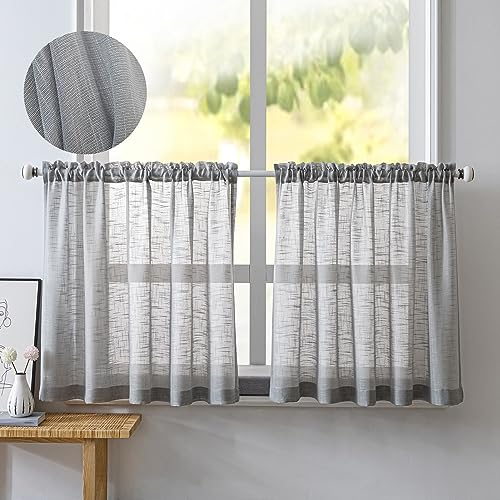 NSXIN 2er Set Scheibengardinen Halbtransparent Bistrogardine Gardinen Weiss Fenstervorhang Halb Küche Vorhänge Fensterschal für kleine Fenster Küche Wohnzimmer Landhaus (Grau,B 60 x H 90 cm)